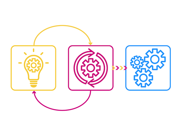 LEARN to Scale Toolkit Icon with three boxes, a yellow lightbulb, a dark pink gear with arrows, and a set of three blue gears