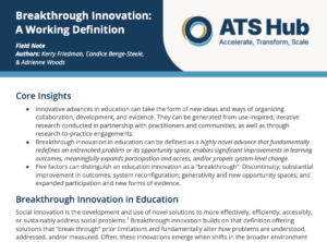 Cover for the ATS Hub Field Note Breakthrough Innovation: A Working Definition with a blue header and the ATS Hubs logo then text of the field note