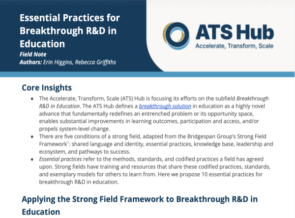 Cover for the ATS Field Note —Essential Practices for Breakthrough R&D in Education